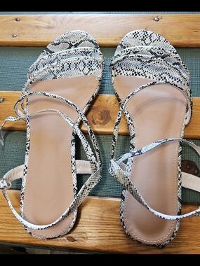 Strappy Python Snake-Print Flat Sandals, New, Size 8